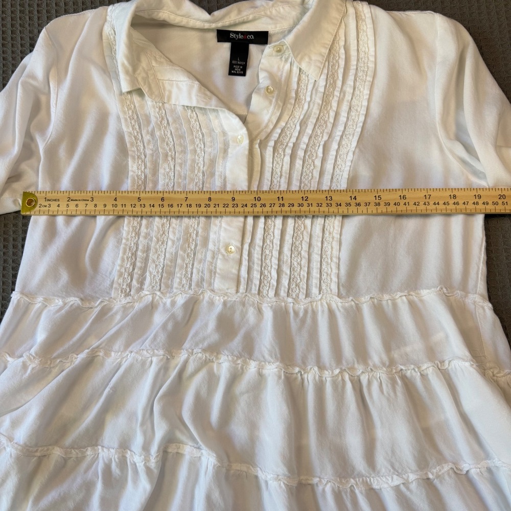 Style & Co Womens White Tiered Pintuck Lace Rayon Tunic Blouse Large Roll Tab L - Picture 5 of 6